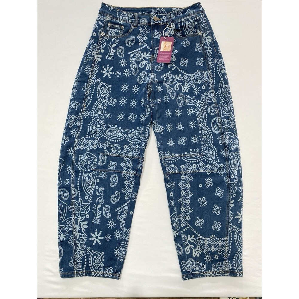 Loveimgs Paisley Jeans Women Size M Blue NWT Bandana Print Barrel Leg Pant